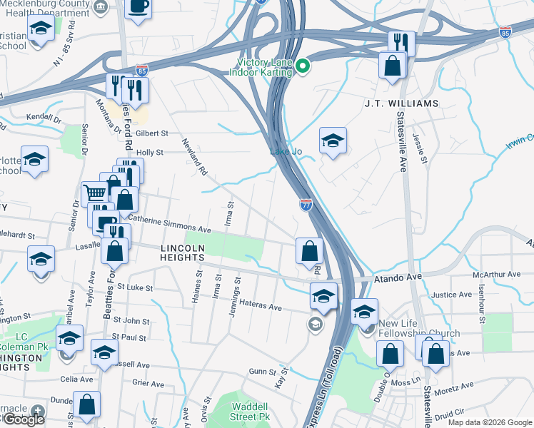 map of restaurants, bars, coffee shops, grocery stores, and more near 2307 Kennesaw Drive in Charlotte