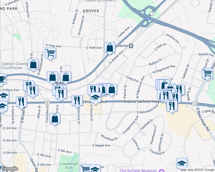 map of restaurants, bars, coffee shops, grocery stores, and more near 1003 Warren Street in Gastonia