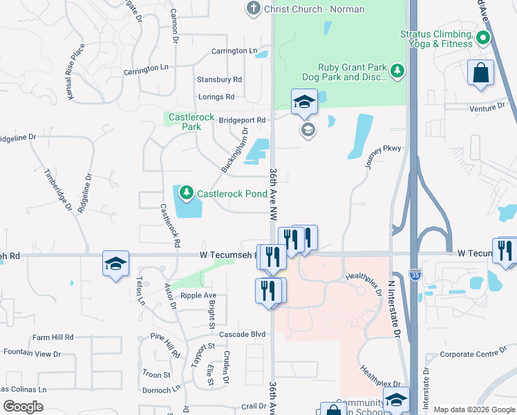 map of restaurants, bars, coffee shops, grocery stores, and more near 3800 36th Avenue Northwest in Norman