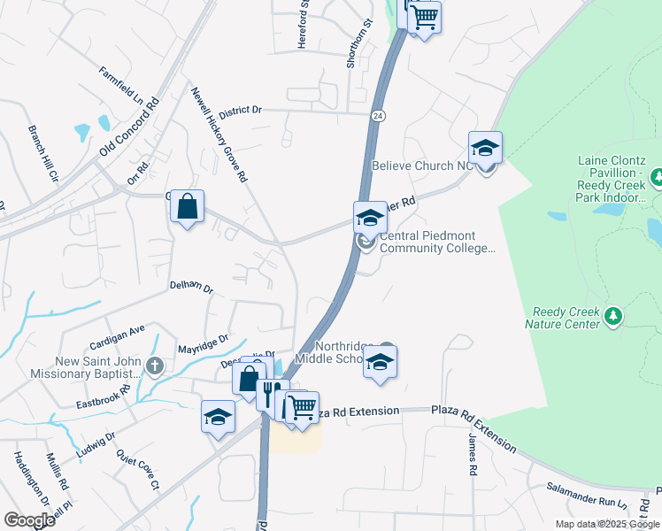 map of restaurants, bars, coffee shops, grocery stores, and more near 3626 Huyton Court in Charlotte
