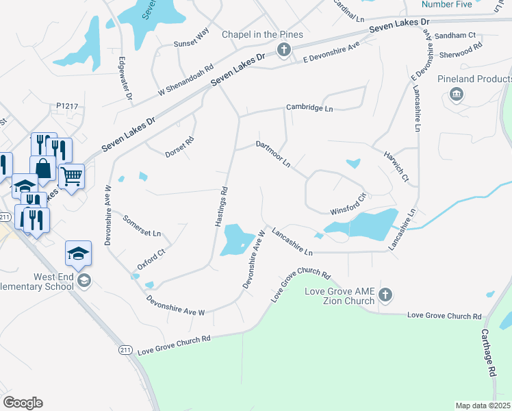 map of restaurants, bars, coffee shops, grocery stores, and more near 169 Lancashire Lane in Seven Lakes