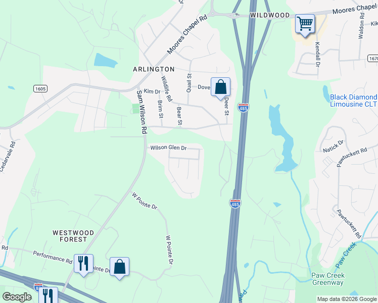 map of restaurants, bars, coffee shops, grocery stores, and more near 10416 Wilson Glen Drive in Charlotte