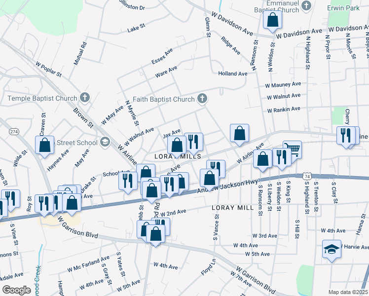 map of restaurants, bars, coffee shops, grocery stores, and more near 249 Scruggs Street in Gastonia