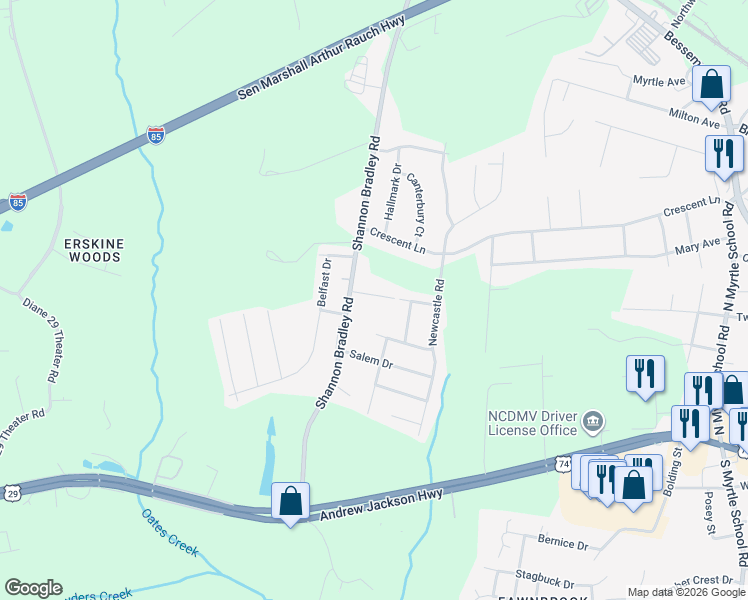 map of restaurants, bars, coffee shops, grocery stores, and more near 3166 Spring Valley Drive in Gastonia