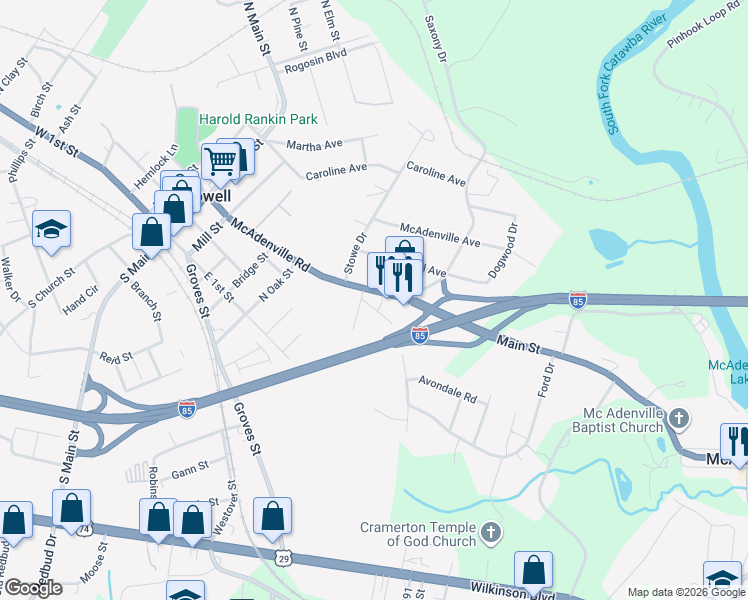 map of restaurants, bars, coffee shops, grocery stores, and more near 607 McAdenville Road in Lowell