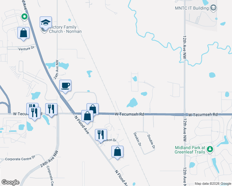 map of restaurants, bars, coffee shops, grocery stores, and more near 1801 West Tecumseh Road in Norman