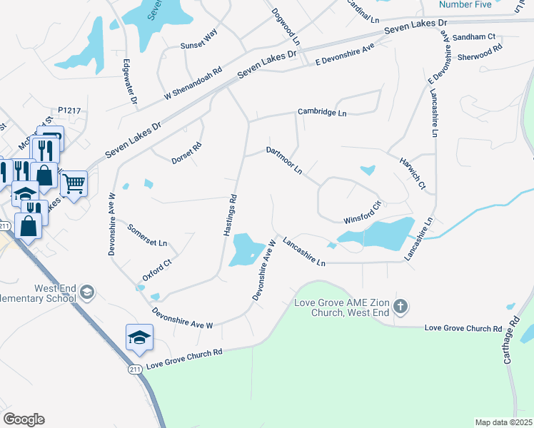 map of restaurants, bars, coffee shops, grocery stores, and more near 169 Lancashire Lane in Seven Lakes
