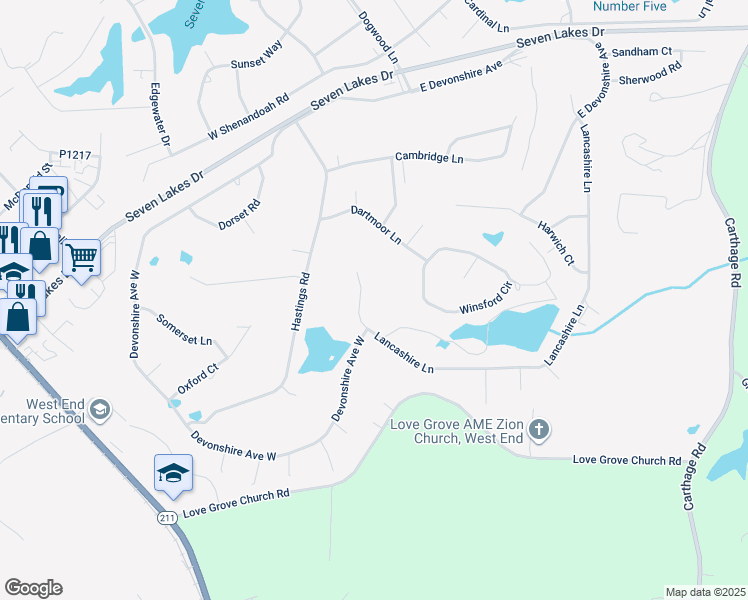 map of restaurants, bars, coffee shops, grocery stores, and more near Lancashire Lane in Seven Lakes