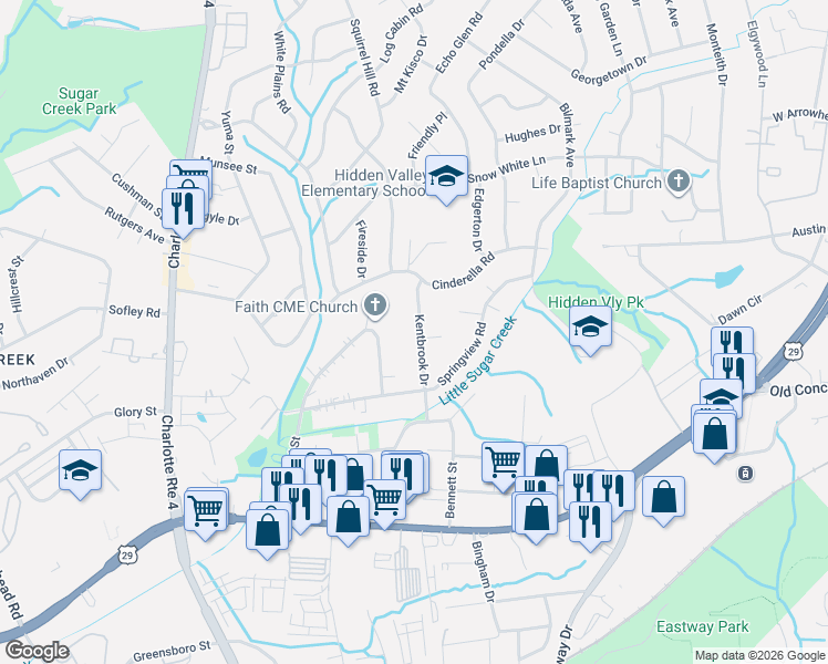 map of restaurants, bars, coffee shops, grocery stores, and more near 619 Kentbrook Drive in Charlotte