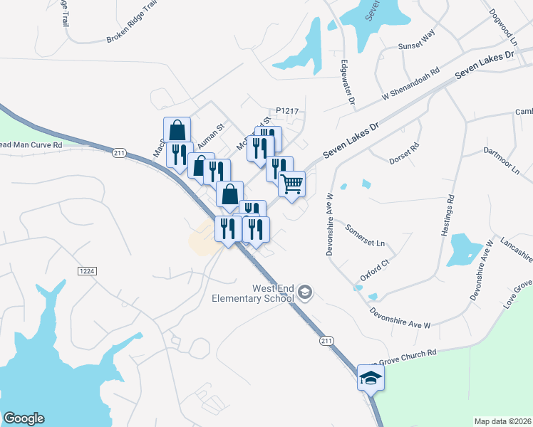 map of restaurants, bars, coffee shops, grocery stores, and more near 1107 Seven Lakes Drive in Seven Lakes