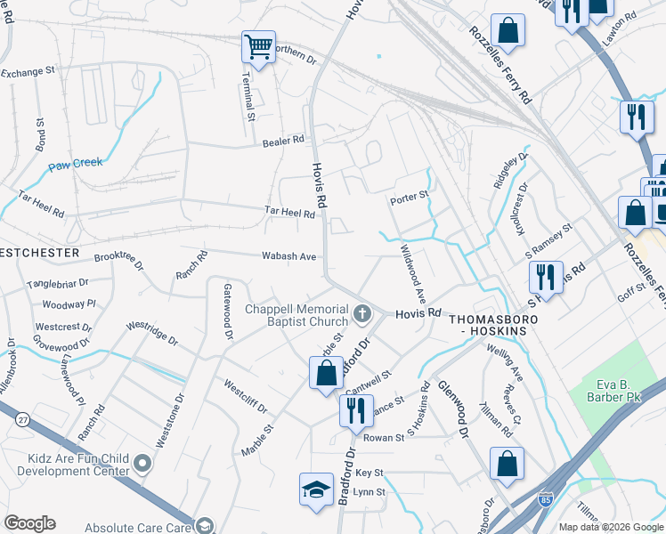 map of restaurants, bars, coffee shops, grocery stores, and more near 4804 Hovis Road in Charlotte