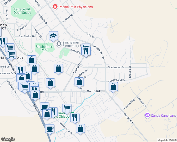 map of restaurants, bars, coffee shops, grocery stores, and more near 1404 Woodside Drive in San Luis Obispo
