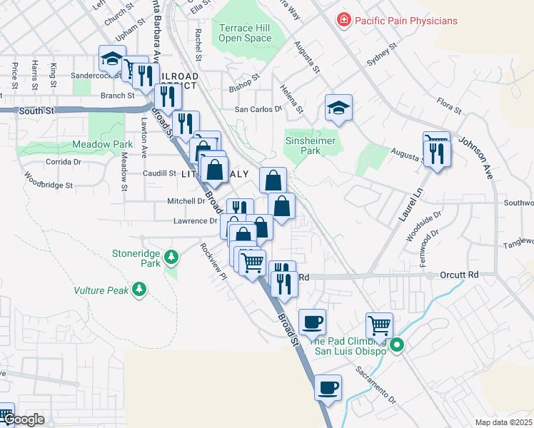 map of restaurants, bars, coffee shops, grocery stores, and more near 921 Lawrence Drive in San Luis Obispo