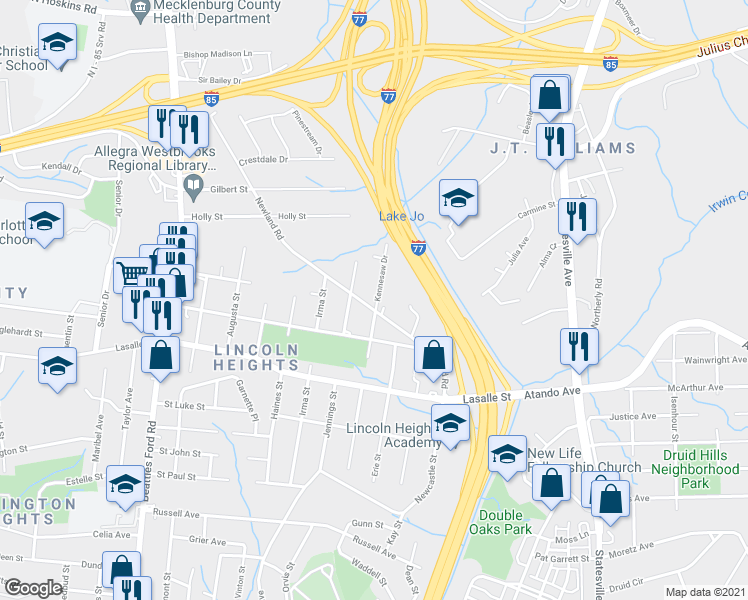 map of restaurants, bars, coffee shops, grocery stores, and more near 2307 Kennesaw Drive in Charlotte