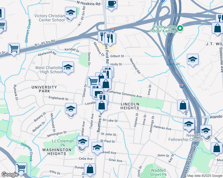 map of restaurants, bars, coffee shops, grocery stores, and more near 2225 Doctor Webber Avenue in Charlotte