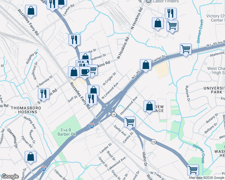 map of restaurants, bars, coffee shops, grocery stores, and more near 312 North Crigler Street in Charlotte