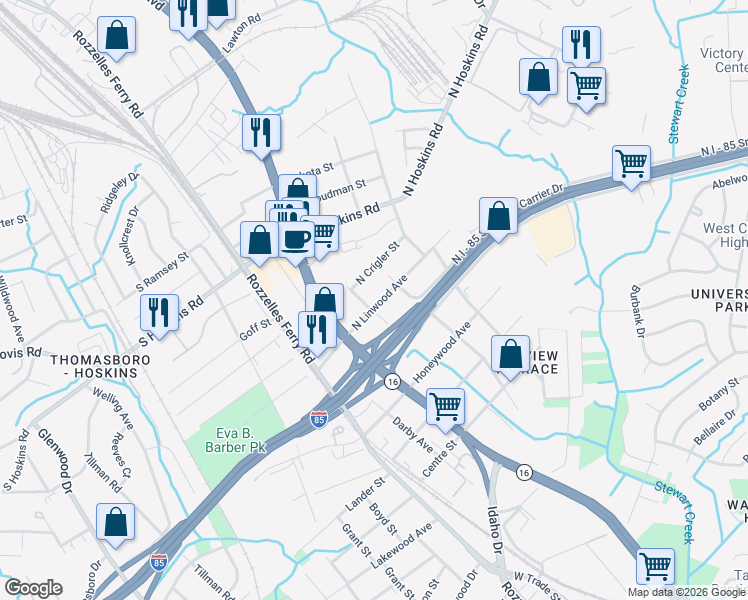 map of restaurants, bars, coffee shops, grocery stores, and more near 312 North Crigler Street in Charlotte