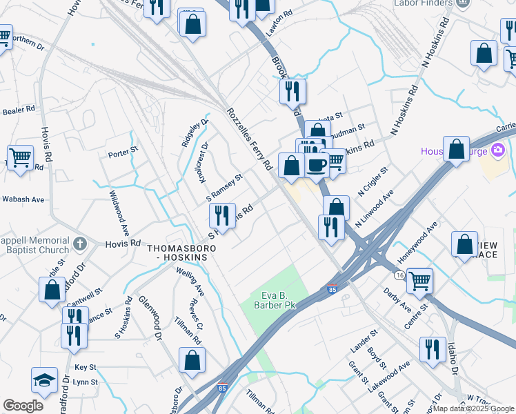 map of restaurants, bars, coffee shops, grocery stores, and more near 205 South Cloudman Street in Charlotte
