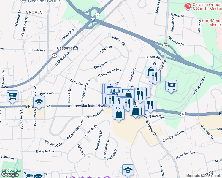 map of restaurants, bars, coffee shops, grocery stores, and more near 114 Eastover Drive in Gastonia