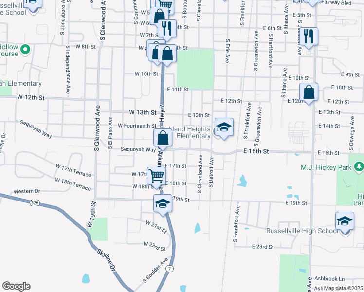 map of restaurants, bars, coffee shops, grocery stores, and more near 222 East 15th Street in Russellville