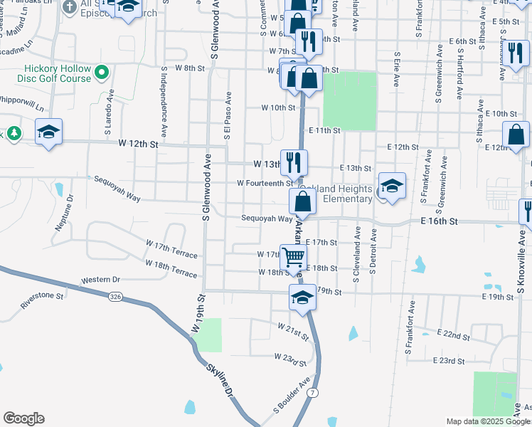map of restaurants, bars, coffee shops, grocery stores, and more near 1409 South Commerce Avenue in Russellville