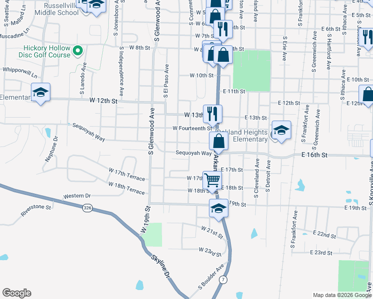 map of restaurants, bars, coffee shops, grocery stores, and more near 1409 South Commerce Avenue in Russellville