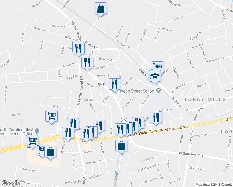 map of restaurants, bars, coffee shops, grocery stores, and more near 414 Bessemer City Rd in Gastonia