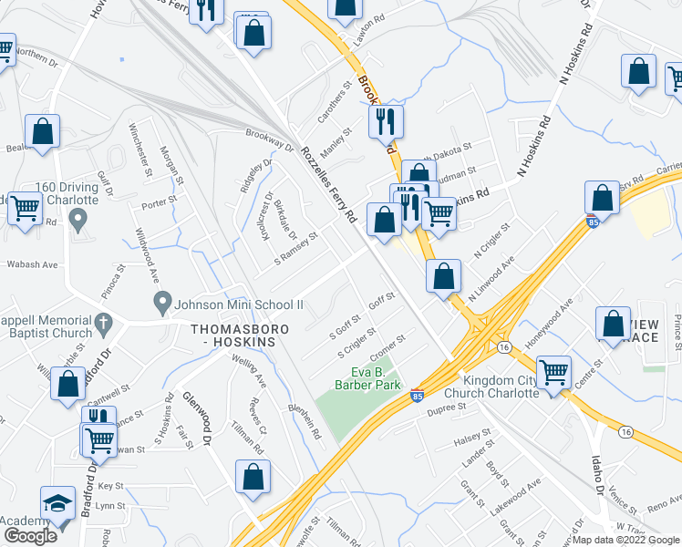 map of restaurants, bars, coffee shops, grocery stores, and more near 205 South Cloudman Street in Charlotte