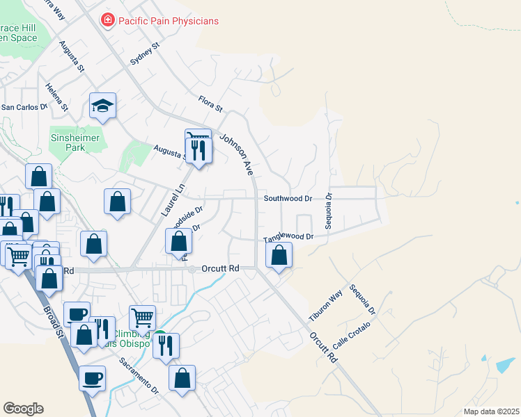 map of restaurants, bars, coffee shops, grocery stores, and more near 3424 Gregory Court in San Luis Obispo