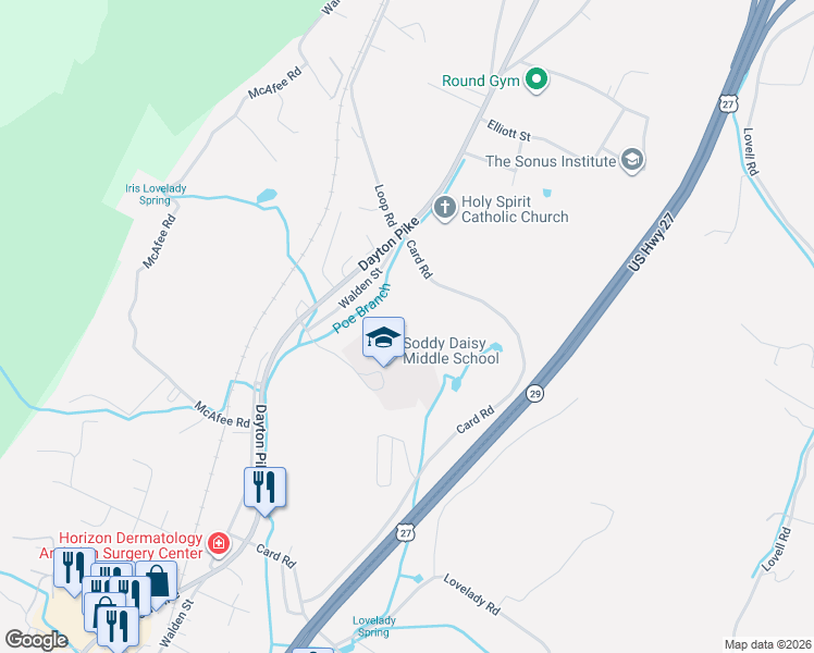 map of restaurants, bars, coffee shops, grocery stores, and more near 10631 Card Road in Soddy-Daisy