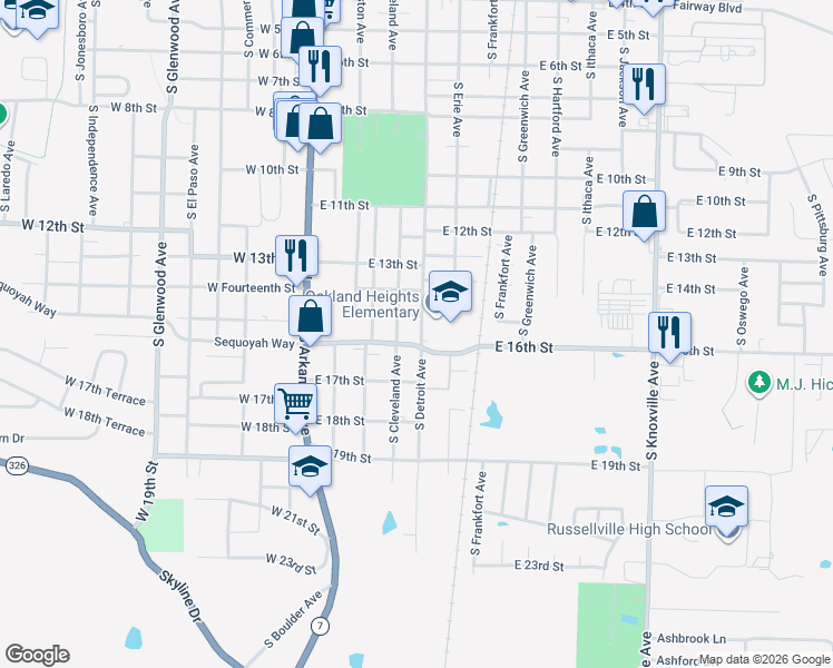 map of restaurants, bars, coffee shops, grocery stores, and more near 1501 South Cleveland Avenue in Russellville