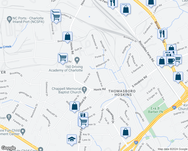 map of restaurants, bars, coffee shops, grocery stores, and more near 4529 Wildwood Avenue in Charlotte