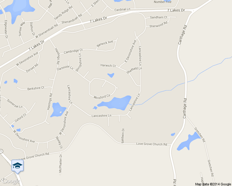 map of restaurants, bars, coffee shops, grocery stores, and more near 128 Winsford Circle in Seven Lakes