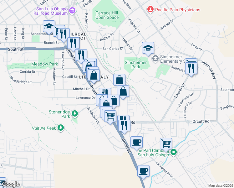 map of restaurants, bars, coffee shops, grocery stores, and more near 921 Lawrence Drive in San Luis Obispo