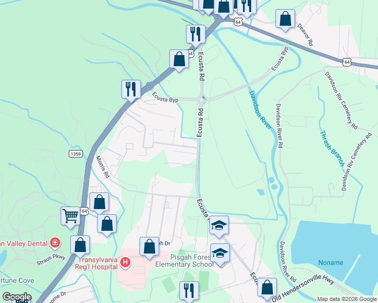 map of restaurants, bars, coffee shops, grocery stores, and more near 58 Excelsior Drive in Brevard
