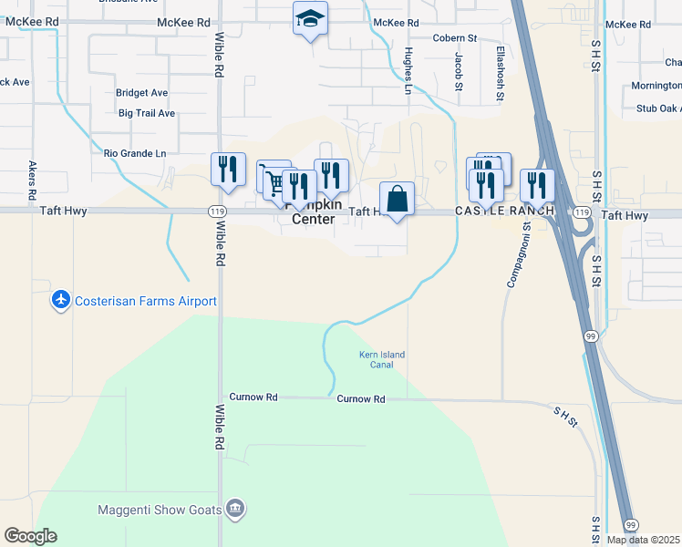 map of restaurants, bars, coffee shops, grocery stores, and more near 9999 Giminiani Lane in Bakersfield