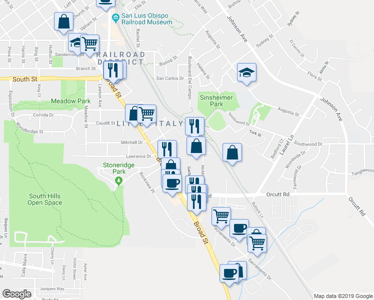 map of restaurants, bars, coffee shops, grocery stores, and more near 921 Lawrence Drive in San Luis Obispo