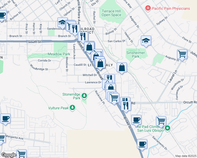map of restaurants, bars, coffee shops, grocery stores, and more near 2600 Broad Street in San Luis Obispo