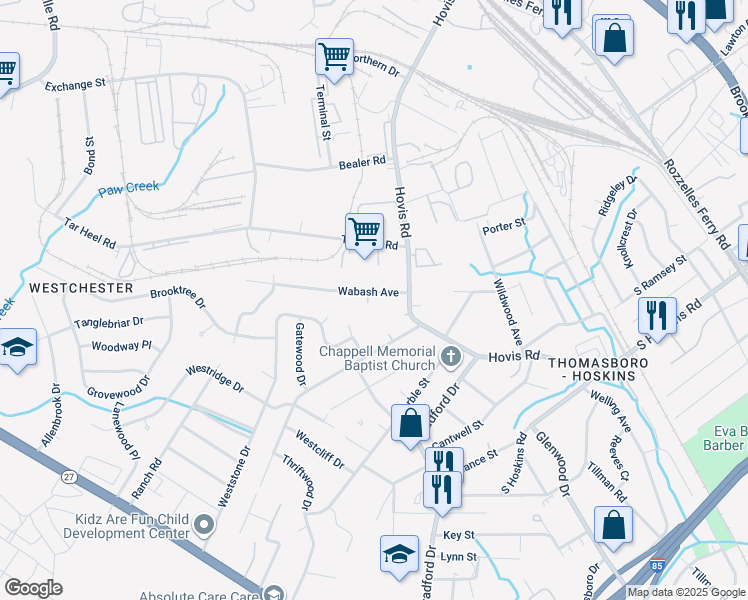 map of restaurants, bars, coffee shops, grocery stores, and more near 724 Wabash Avenue in Charlotte