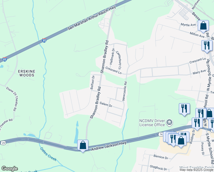 map of restaurants, bars, coffee shops, grocery stores, and more near 3166 Spring Valley Drive in Gastonia
