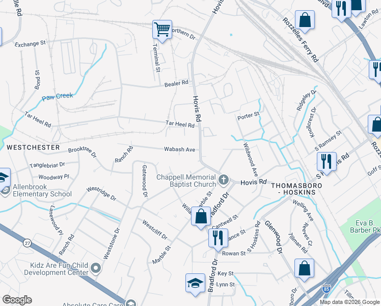map of restaurants, bars, coffee shops, grocery stores, and more near 724 Wabash Avenue in Charlotte