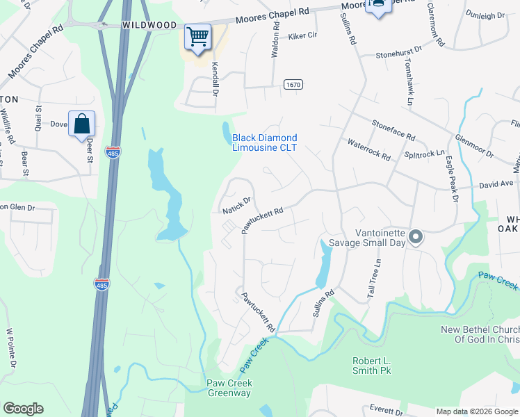 map of restaurants, bars, coffee shops, grocery stores, and more near 6328 Pennacook Drive in Charlotte