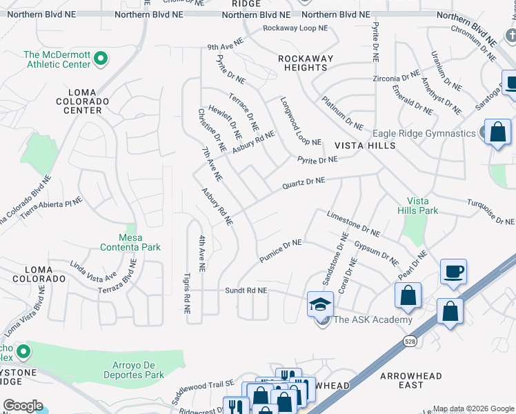 map of restaurants, bars, coffee shops, grocery stores, and more near 4308 Quartz Drive Northeast in Rio Rancho