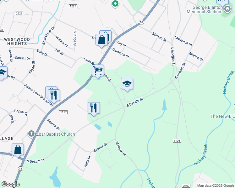 map of restaurants, bars, coffee shops, grocery stores, and more near 1501 Melrose Drive in Shelby