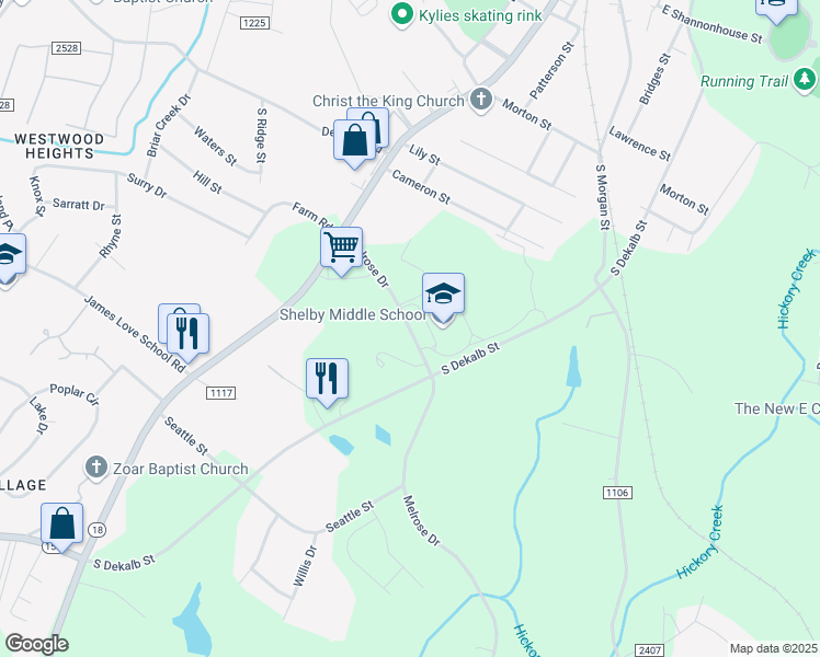 map of restaurants, bars, coffee shops, grocery stores, and more near 1501 Melrose Drive in Shelby