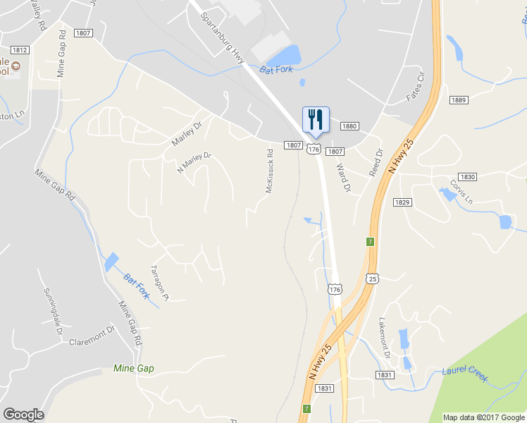 map of restaurants, bars, coffee shops, grocery stores, and more near 246 McKissick Road in Flat Rock