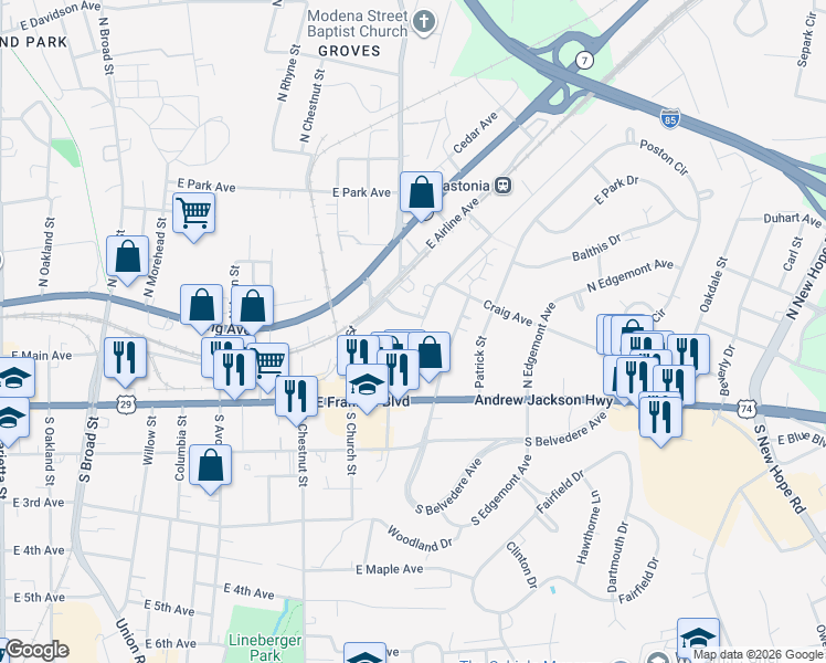 map of restaurants, bars, coffee shops, grocery stores, and more near 1003 Warren Street in Gastonia