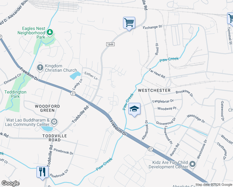 map of restaurants, bars, coffee shops, grocery stores, and more near 174 Park Fairfax Drive in Charlotte