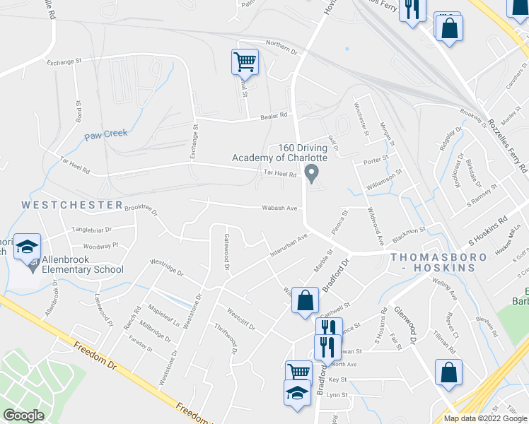 map of restaurants, bars, coffee shops, grocery stores, and more near 819 Wabash Avenue in Charlotte