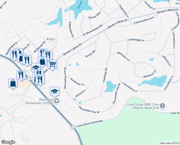 map of restaurants, bars, coffee shops, grocery stores, and more near 113 Berkshire Court in Seven Lakes